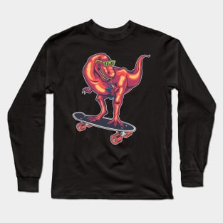 Skateboarder Dinosaur Red Funny Skater Skate Long Sleeve T-Shirt